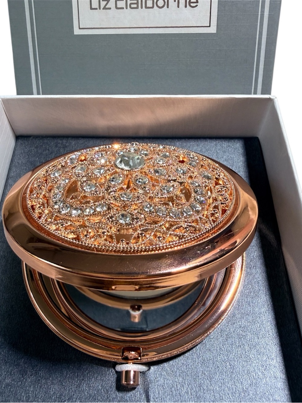 Liz Claiborne Rose Gold Crystal Embellished Compact Mirror - Picture 2 of 4